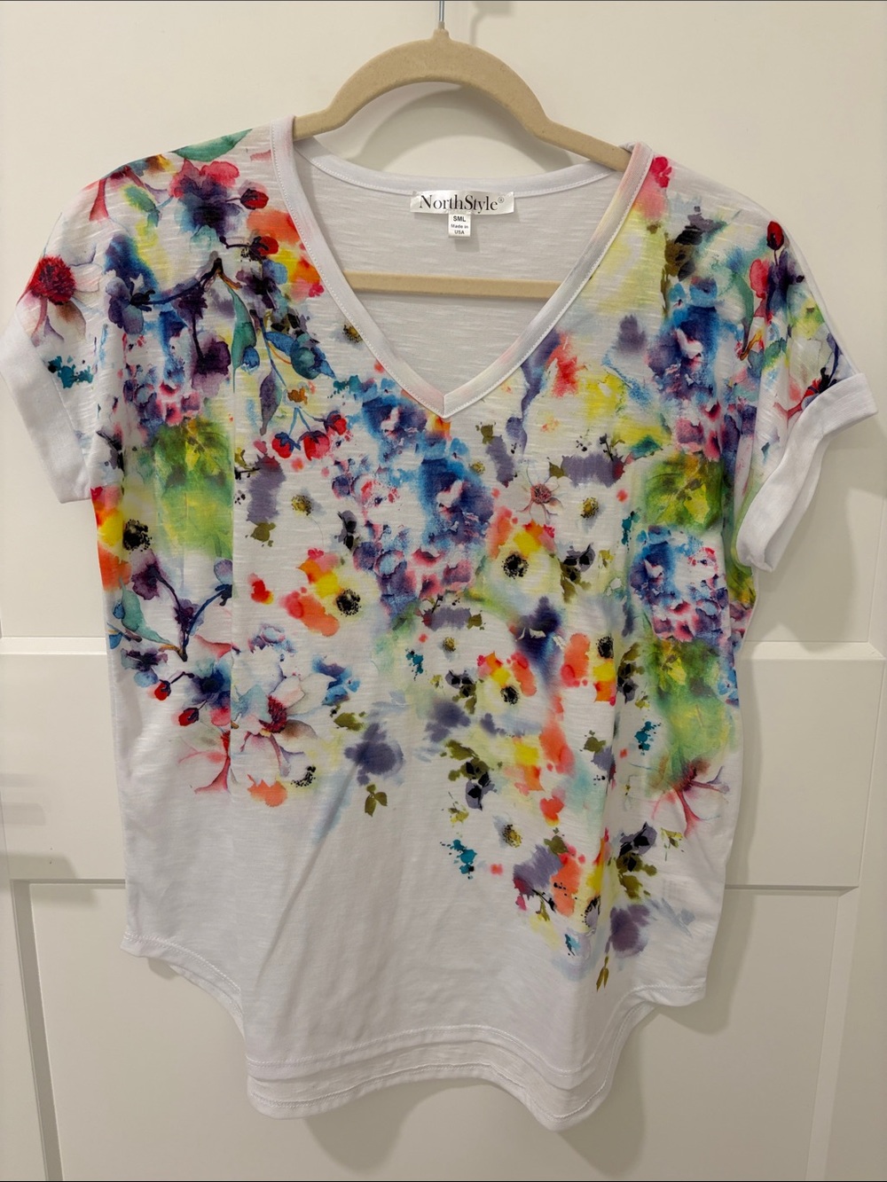 NorthStyle White Floral Watercolor V-Neck Tee with Multicolor Print